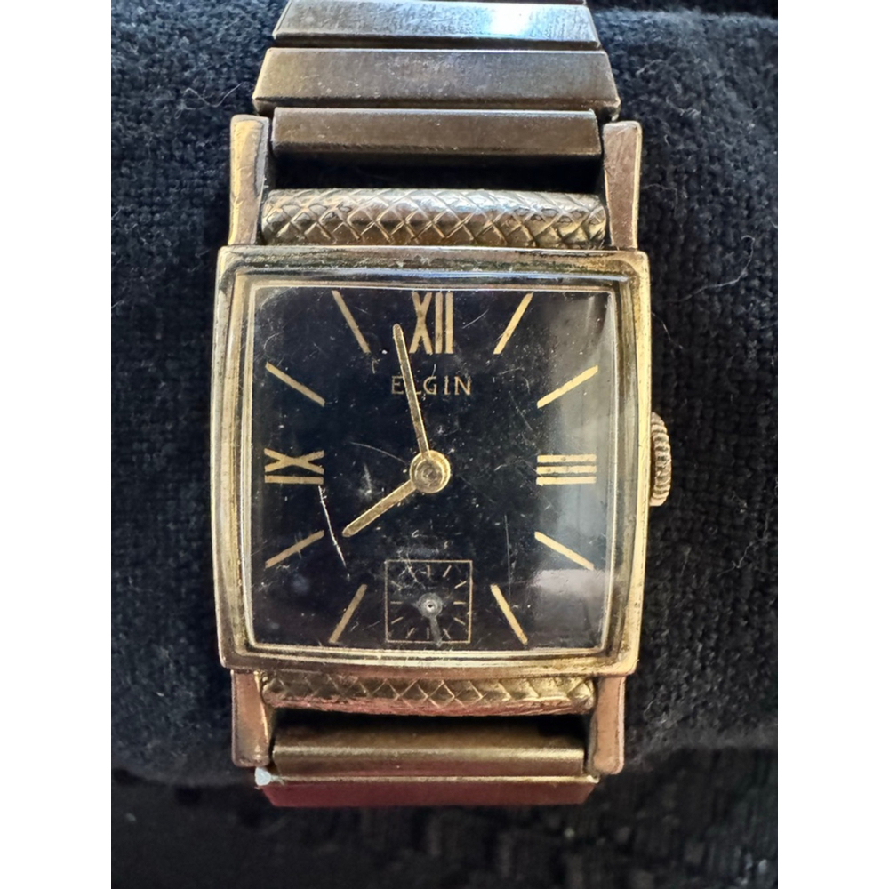 Elgin 732 Gold & Black Dial Square 10 Kt RGP Wrist Watch - Manual Wind